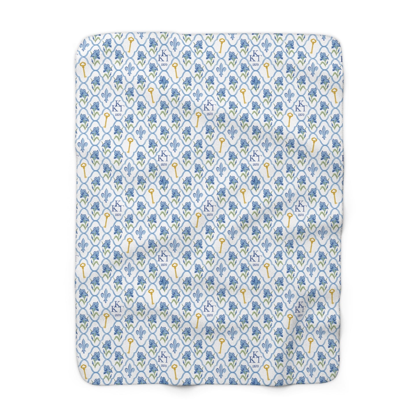Kappa Kappa Gamma Fleece Blanket with Irises, Keys, and Fleur de Lis Motifs