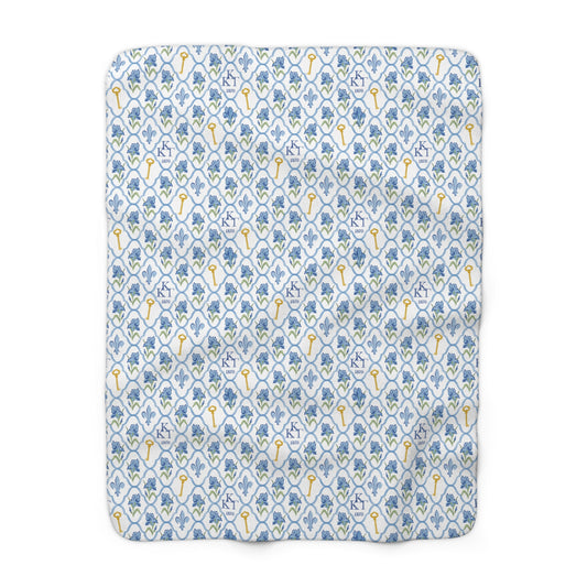Kappa Kappa Gamma Fleece Blanket with Irises, Keys, and Fleur de Lis Motifs