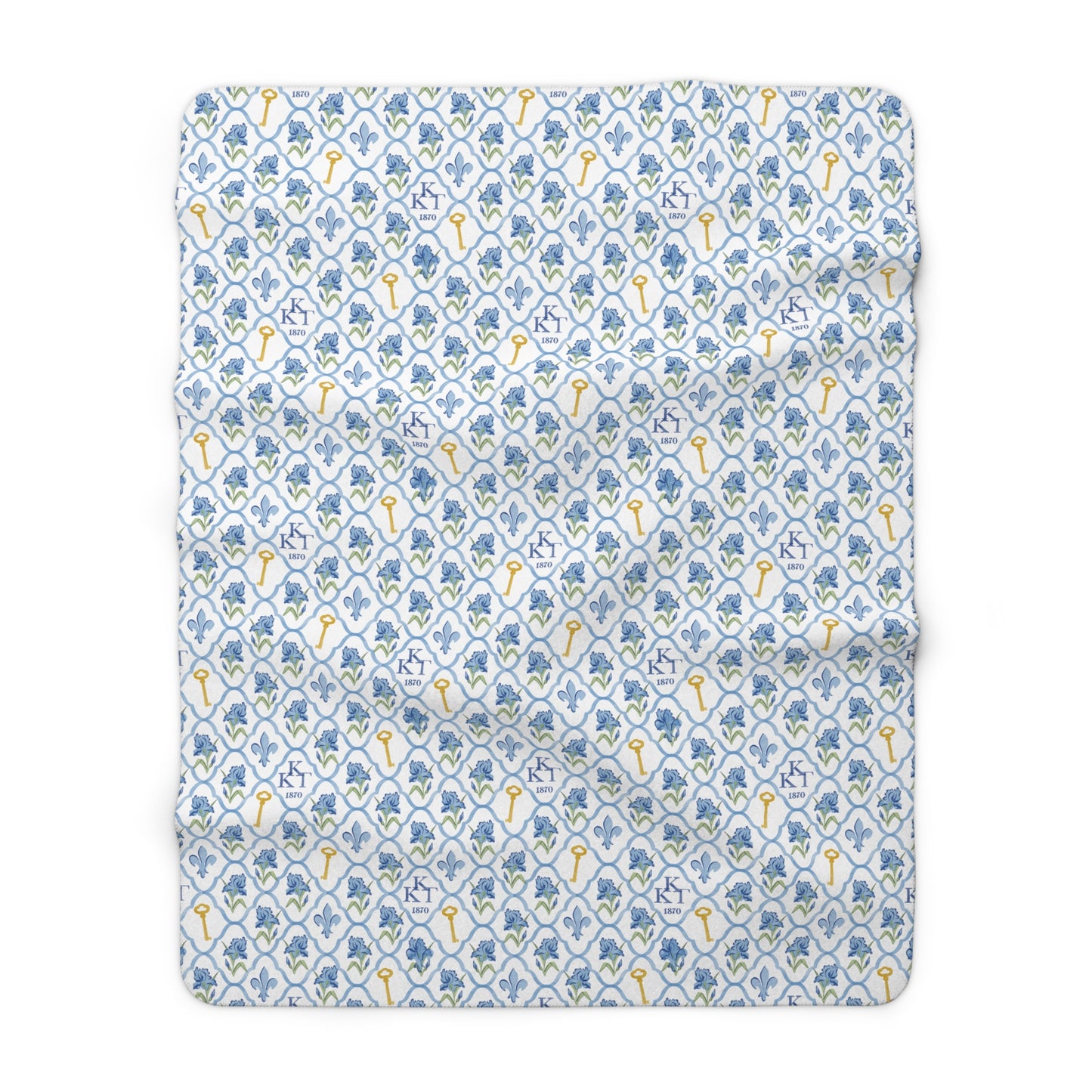 Kappa Kappa Gamma Fleece Blanket with Irises, Keys, and Fleur de Lis Motifs