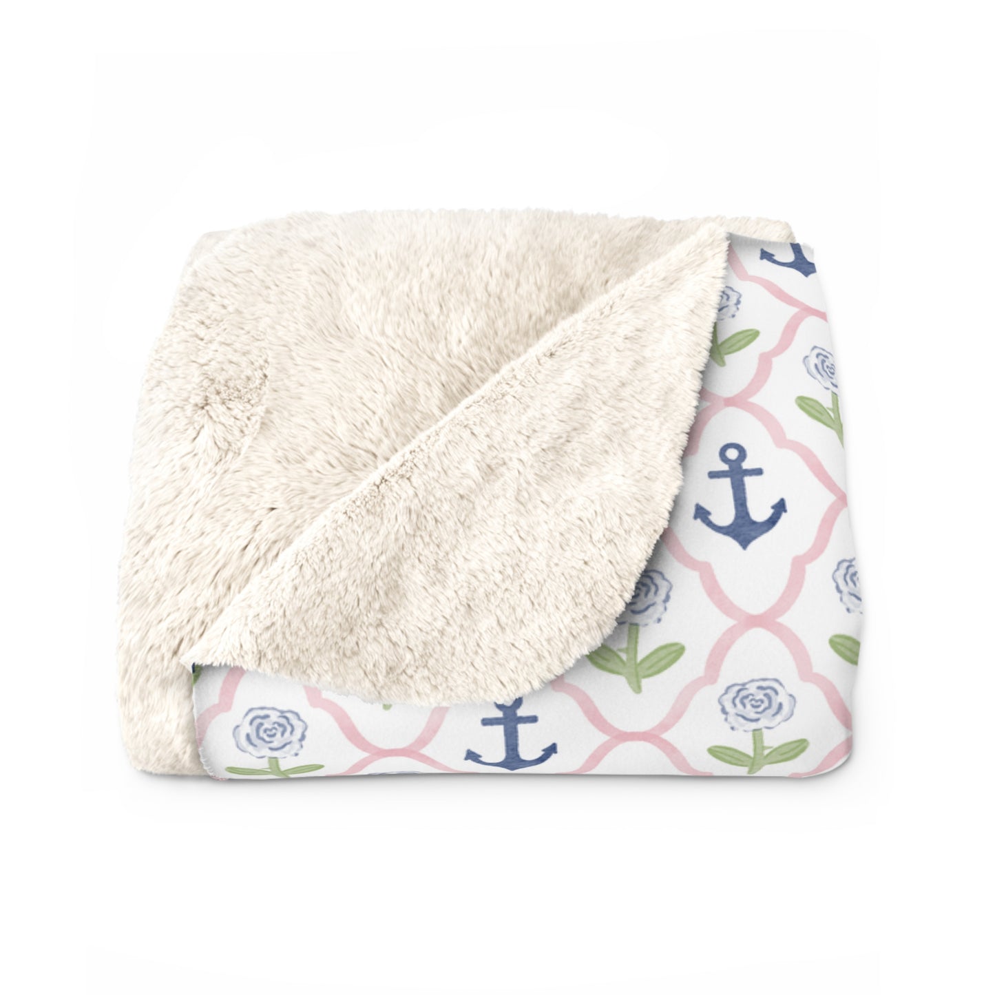 Delta Gamma Fleece Blanket with Cream Colored Roses and Anchors