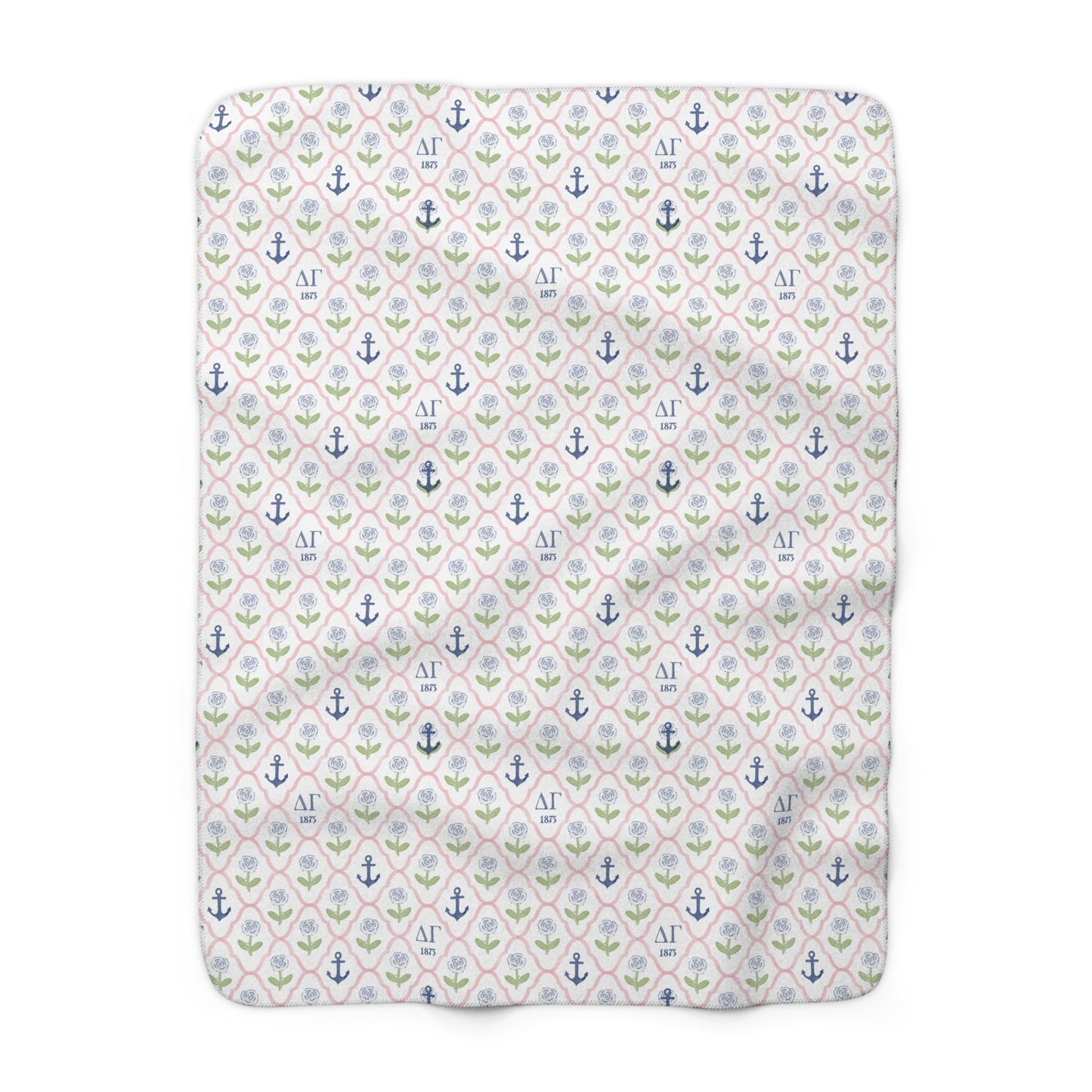 Delta Gamma Fleece Blanket with Cream Colored Roses and Anchors