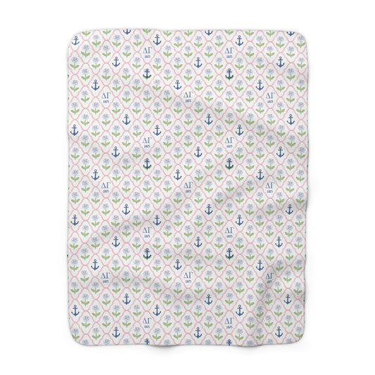 Delta Gamma Fleece Blanket with Cream Colored Roses and Anchors