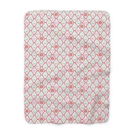 Chi Omega Fleece Blanket with White Carnations, Skulls, and Owls