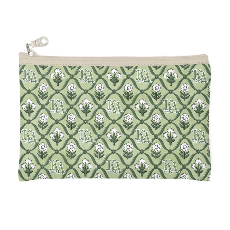 Green pouch with white floral pattern and KD initials on a white background