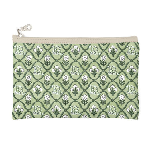 Green pouch with white floral pattern and KD initials on a white background