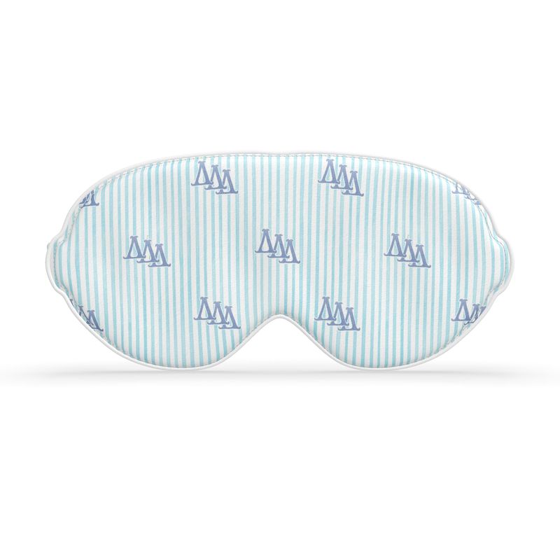 Sleep mask with blue ΔΔΔ letters on a white background