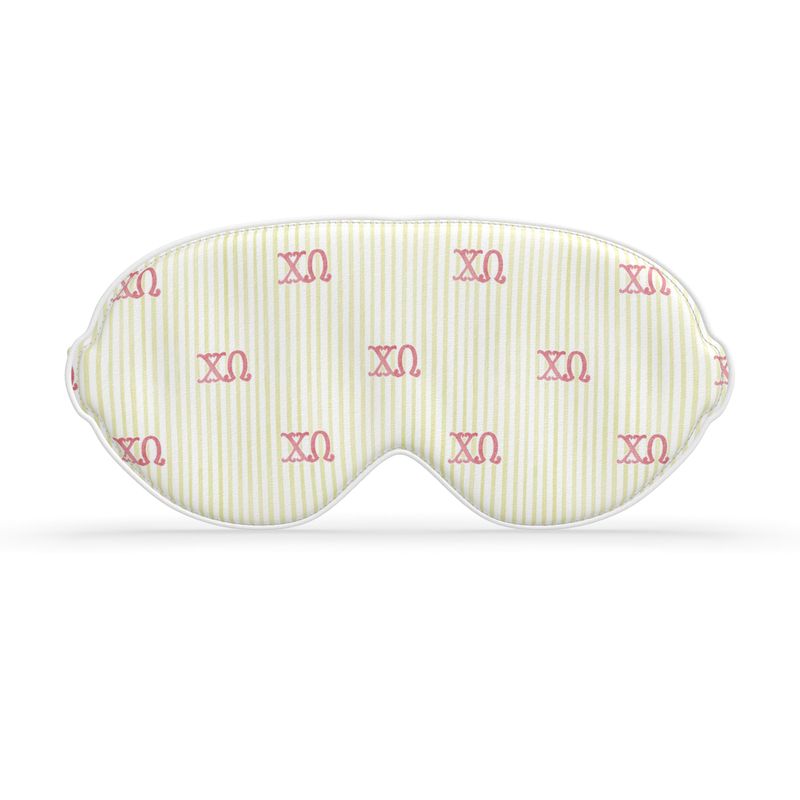 Sleep mask with red ΧΩ letters on a white background