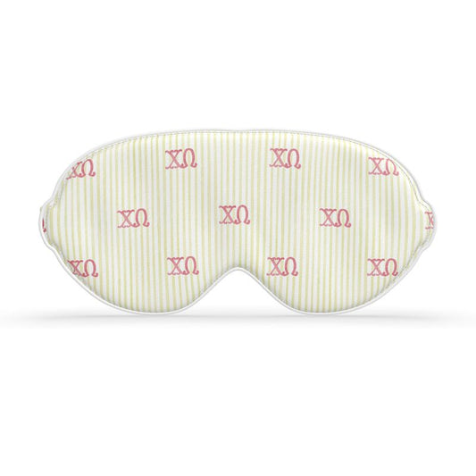 Sleep mask with red ΧΩ letters on a white background