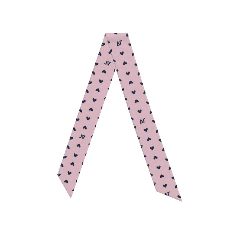 Pink ribbon twilly scarf with green heart patterns and Delta Gamma letters 