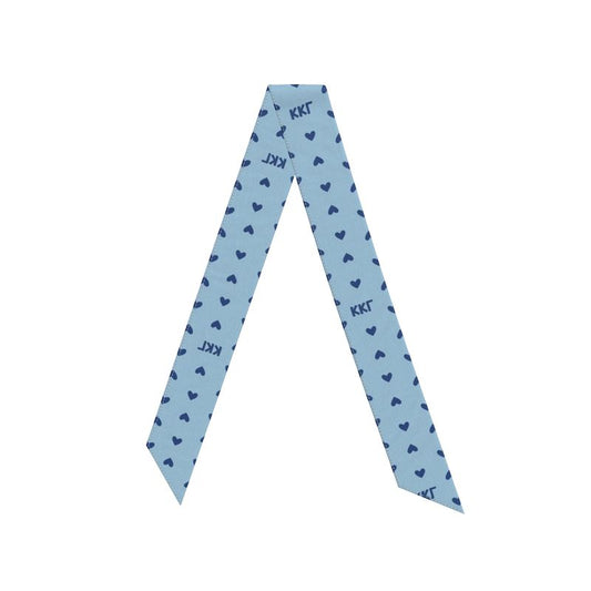 Blue twilly scarf with blue heart patterns and Kappa Kappa Gamma letters on a blue background