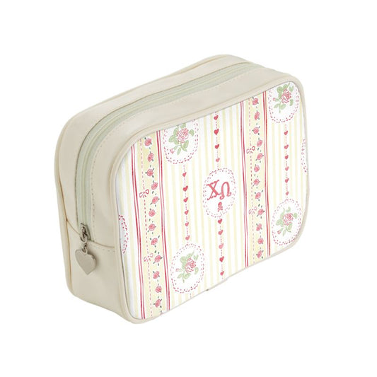 Small rectangular pouch with decorative pattern and zipper on a white background
