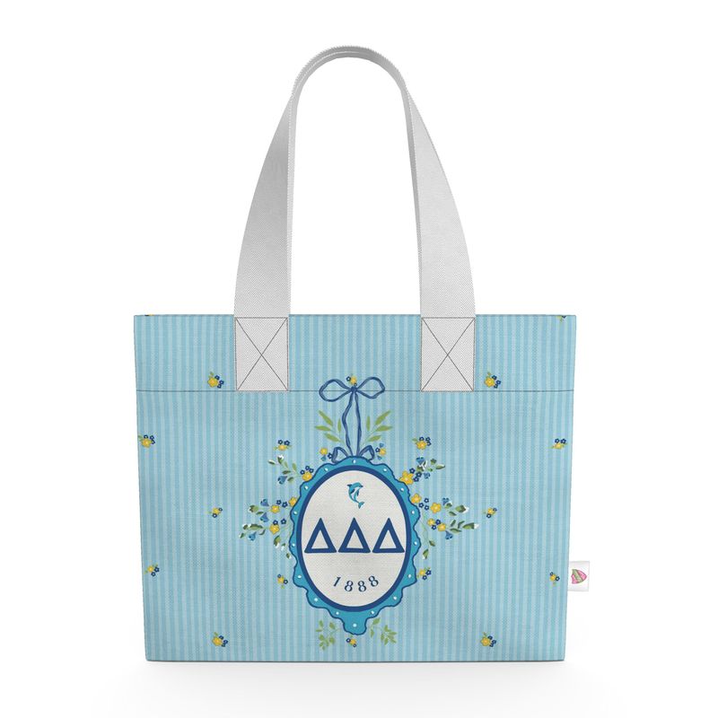 Tote bag with a blue design featuring a logo and text on a white background