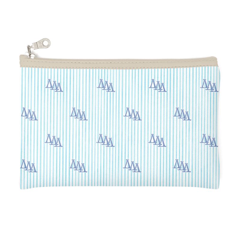 Pouch with blue and white striped pattern and visible brand logo on a white background