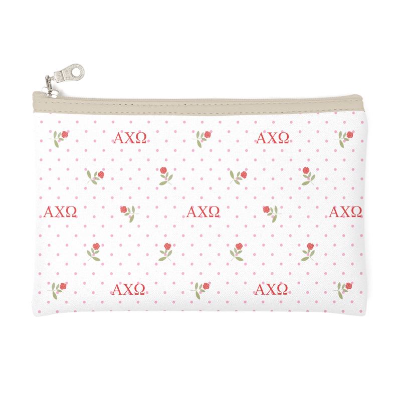 Alpha Chi Omega Cosmetic Bag with Red Carnations