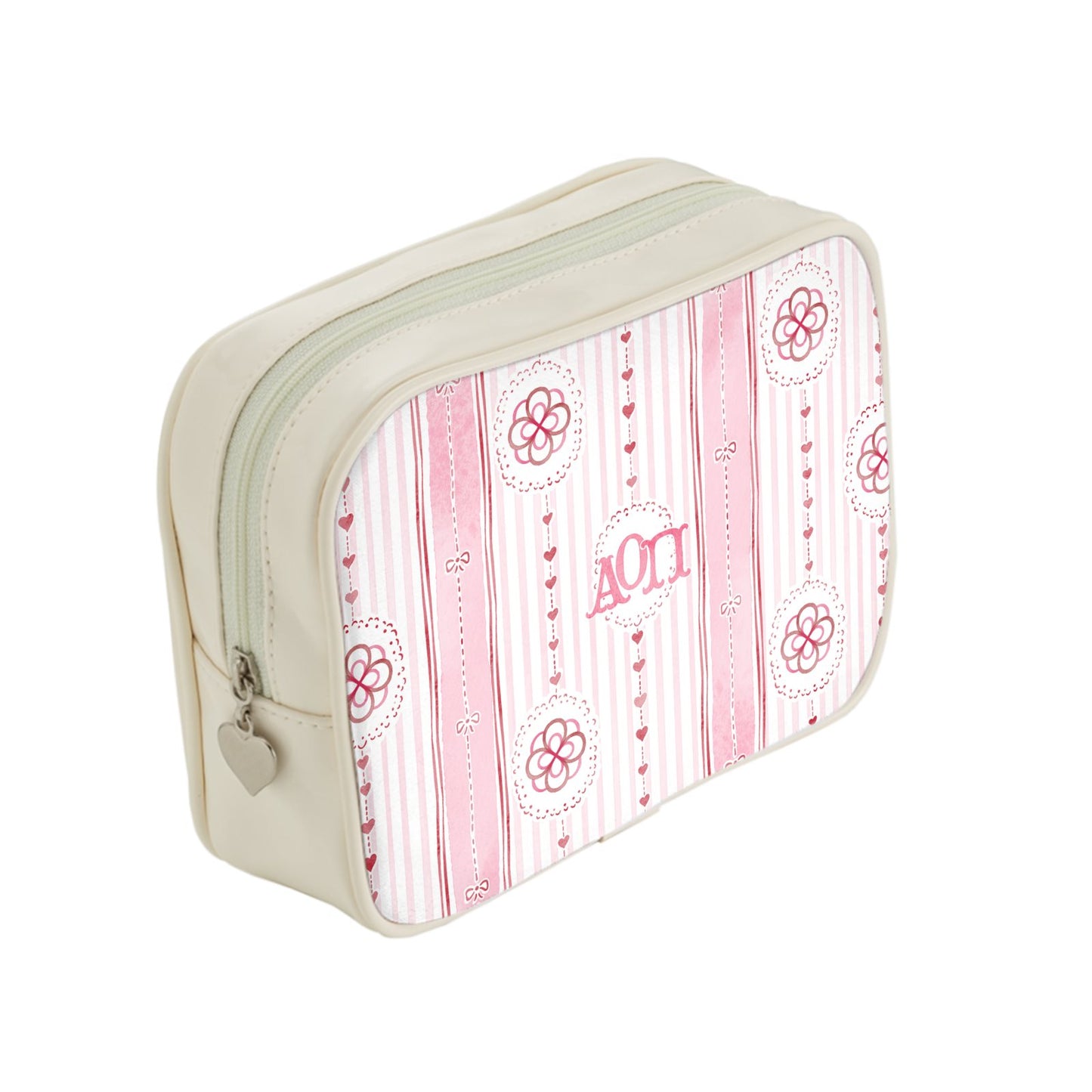 Alpha Omicron Pi Stripes + Hearts Floral Cosmetic Bag