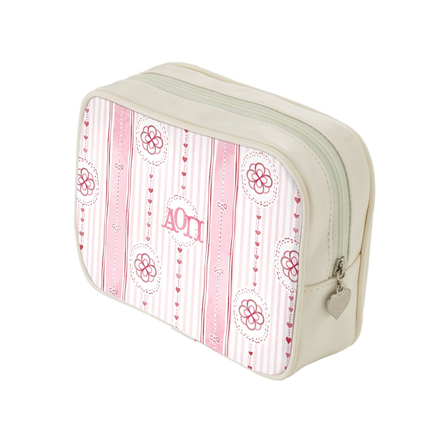 Alpha Omicron Pi Stripes + Hearts Floral Cosmetic Bag