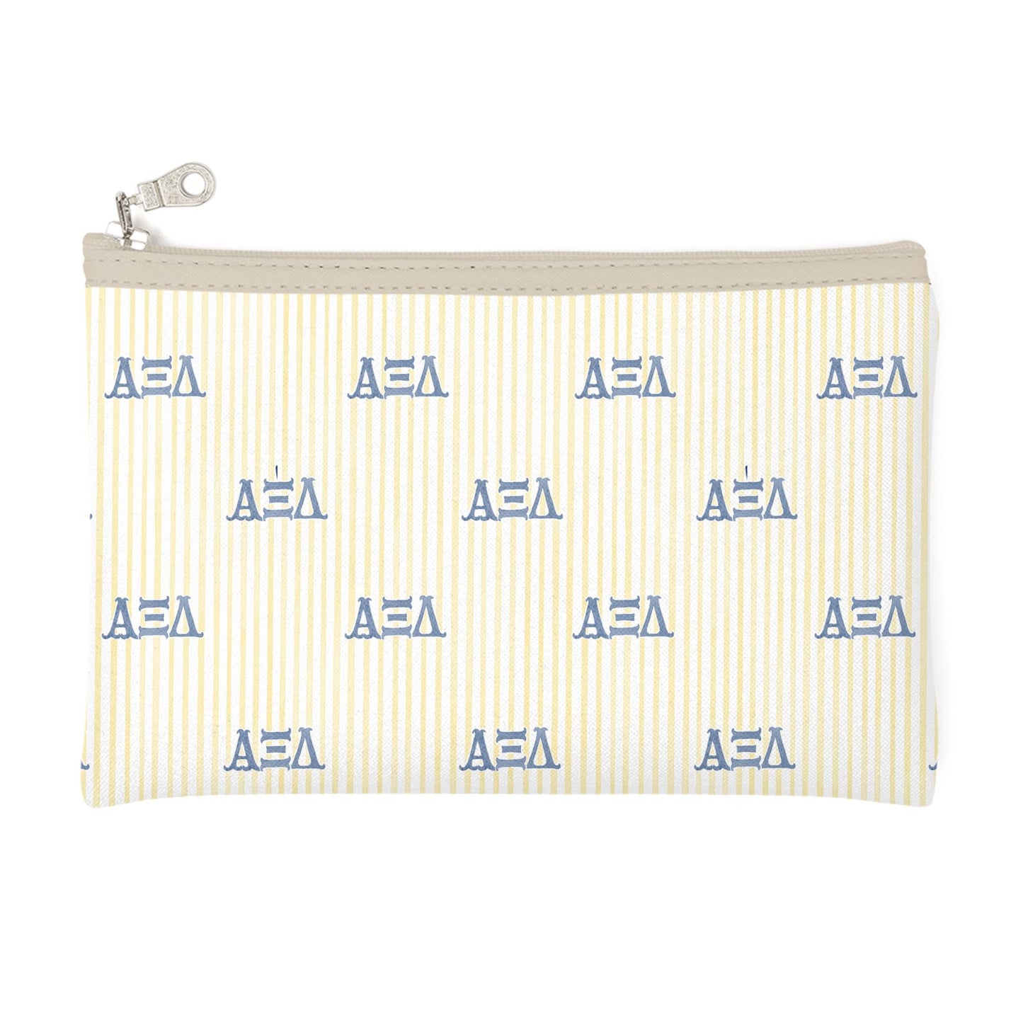 Alpha Xi Delta Letters + Stripes Zip Top Cosmetic Bag