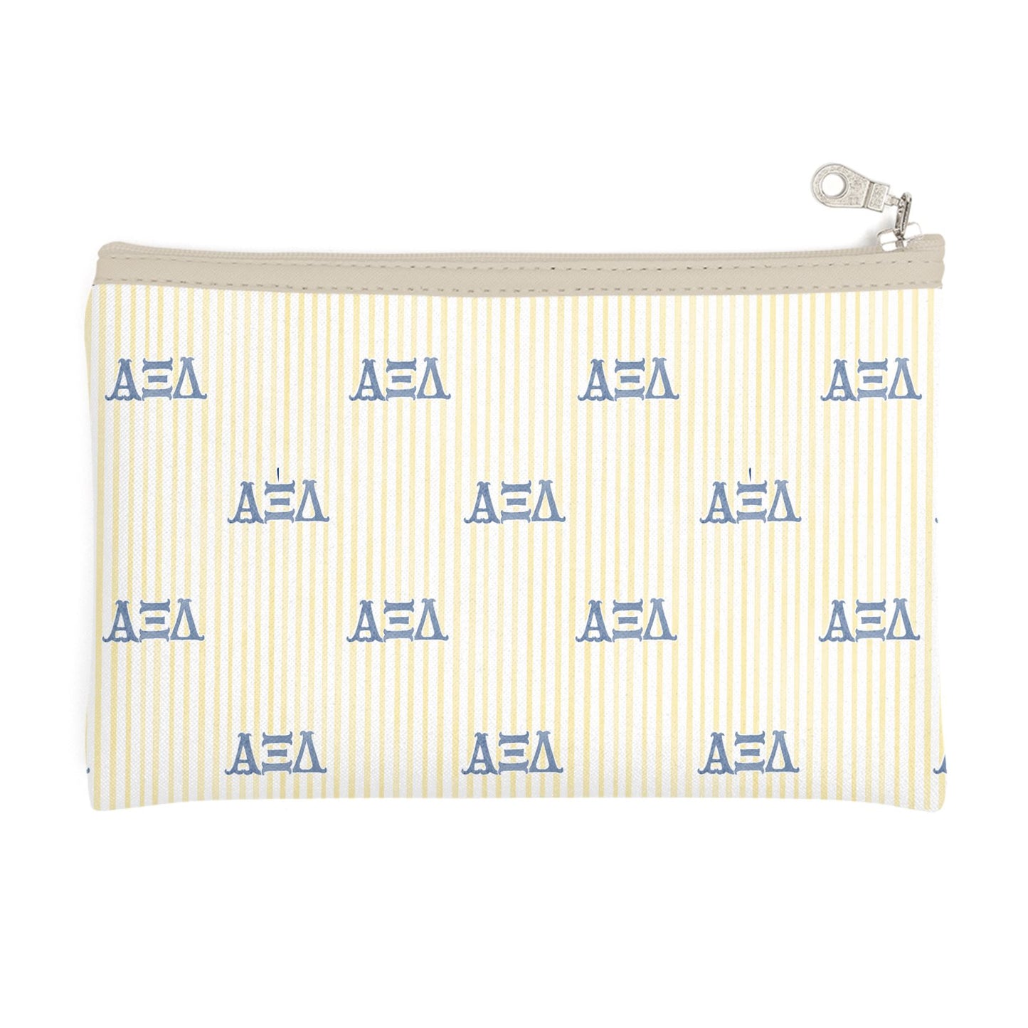 Alpha Xi Delta Letters + Stripes Zip Top Cosmetic Bag