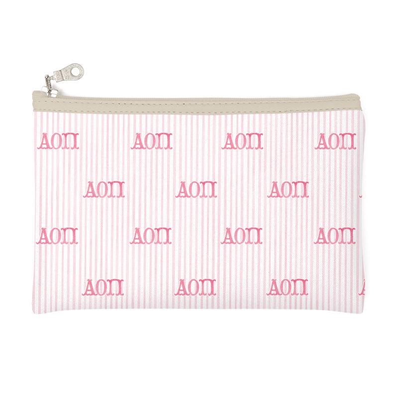 Alpha Omicron Pi Letters + Stripes Zip Top Cosmetic Bag