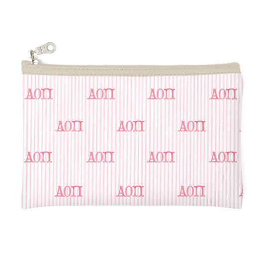 Alpha Omicron Pi Letters + Stripes Zip Top Cosmetic Bag