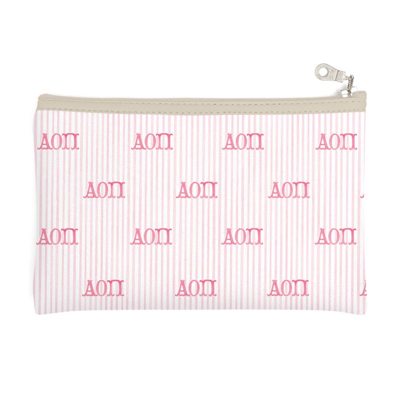 Alpha Omicron Pi Letters + Stripes Zip Top Cosmetic Bag