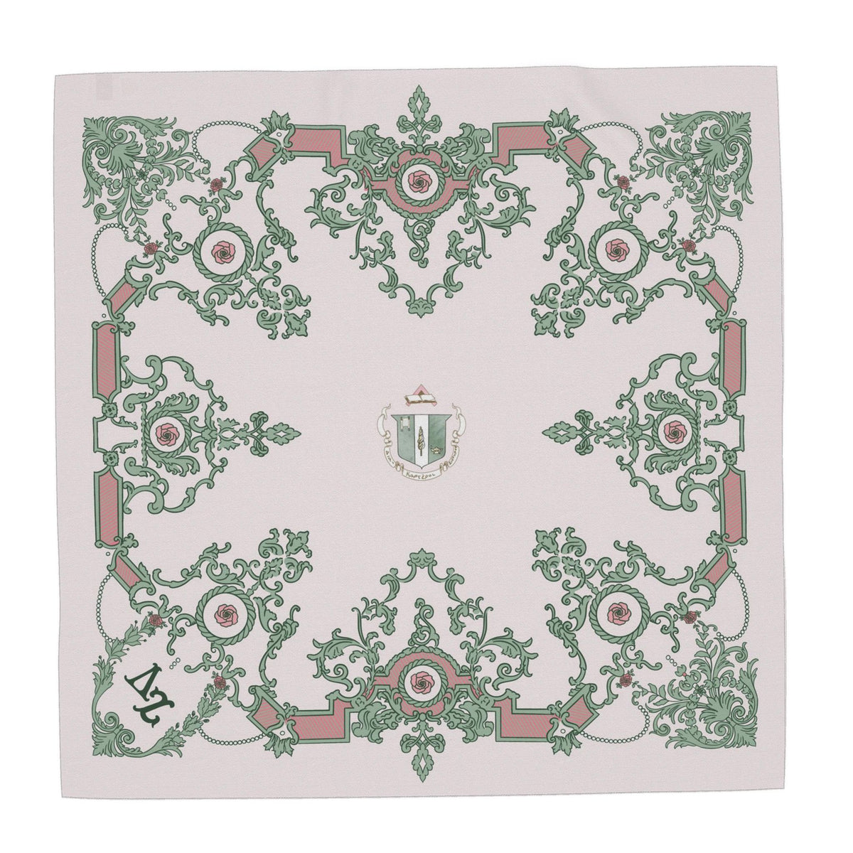 Delta Zeta Ornate Roses + Crest Silk Twill Scarf