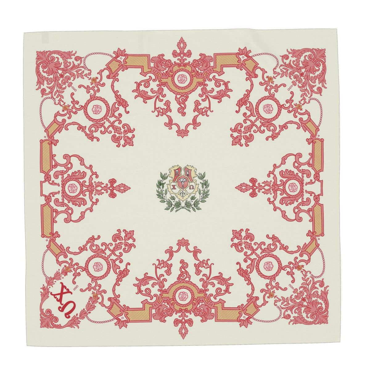 Chi Omega Ornate Carnations + Crest Silk Twill Scarf