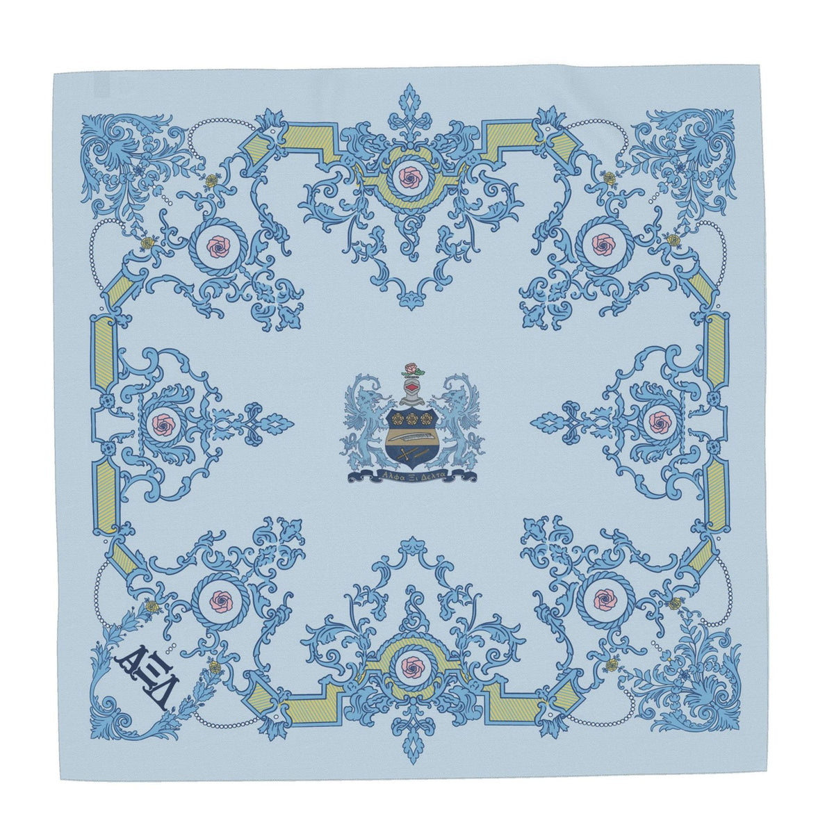 Alpha Xi Delta Ornate Roses + Crest Silk Twill Scarf