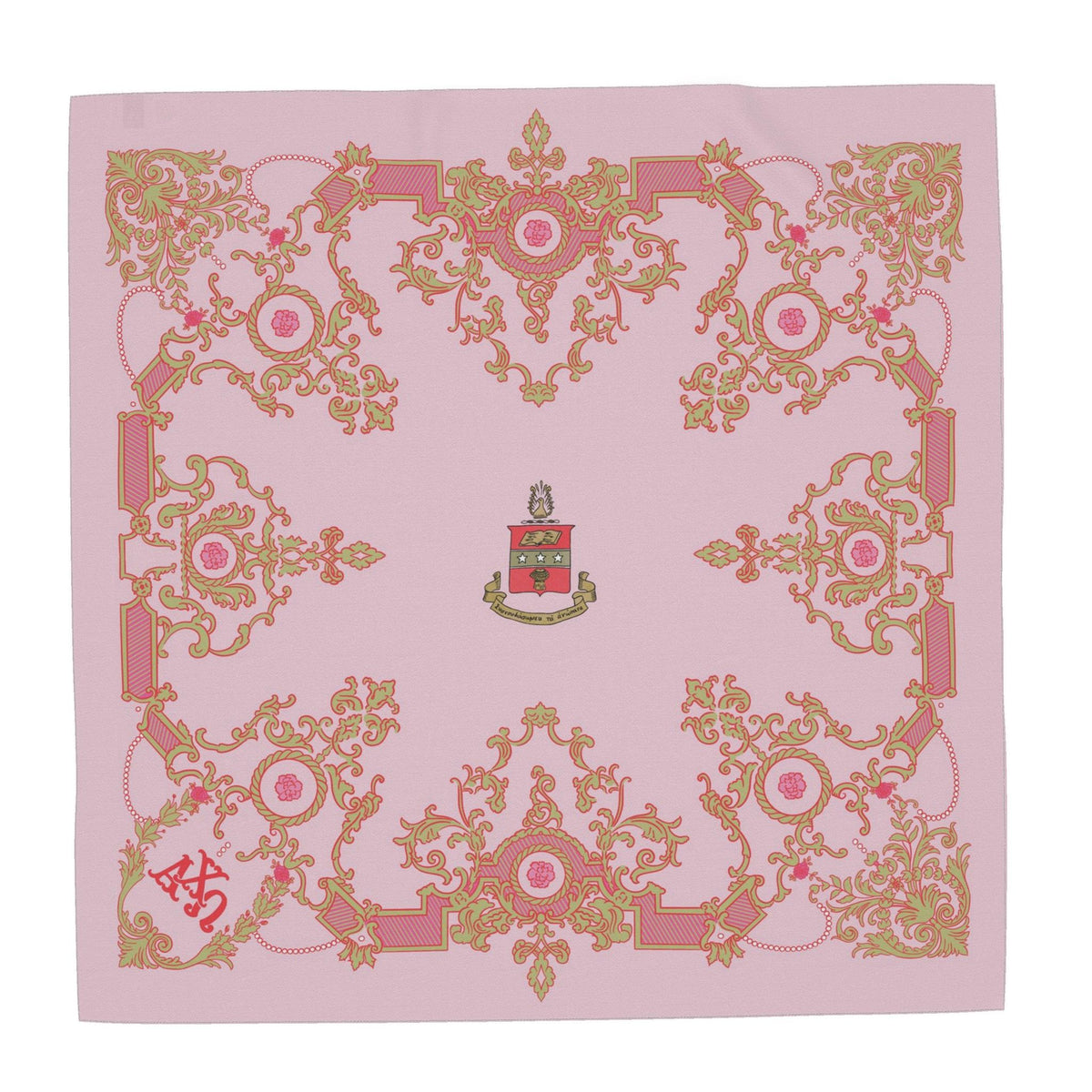 Alpha Chi Omega Ornate Carnations + Crest Silk Twill Scarf