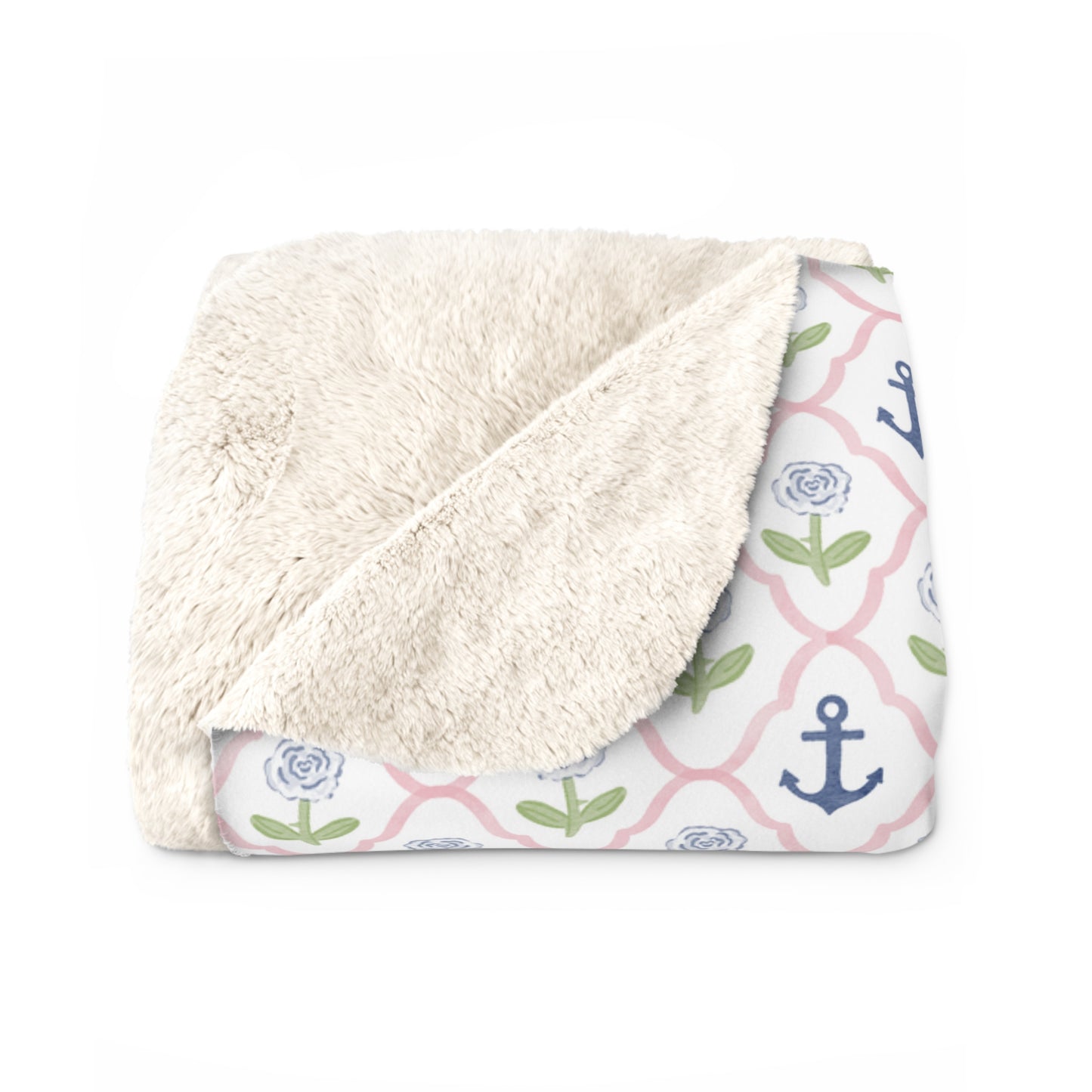Delta Gamma Fleece Blanket with Cream Colored Roses and Anchors