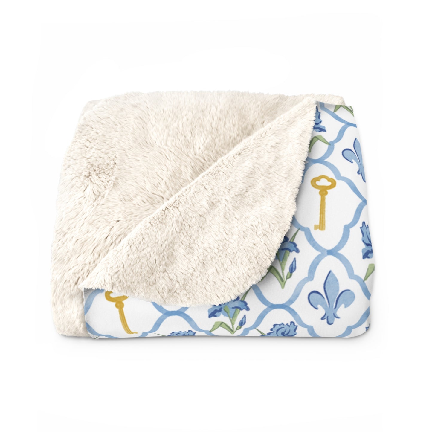 Kappa Kappa Gamma Fleece Blanket with Irises, Keys, and Fleur de Lis Motifs
