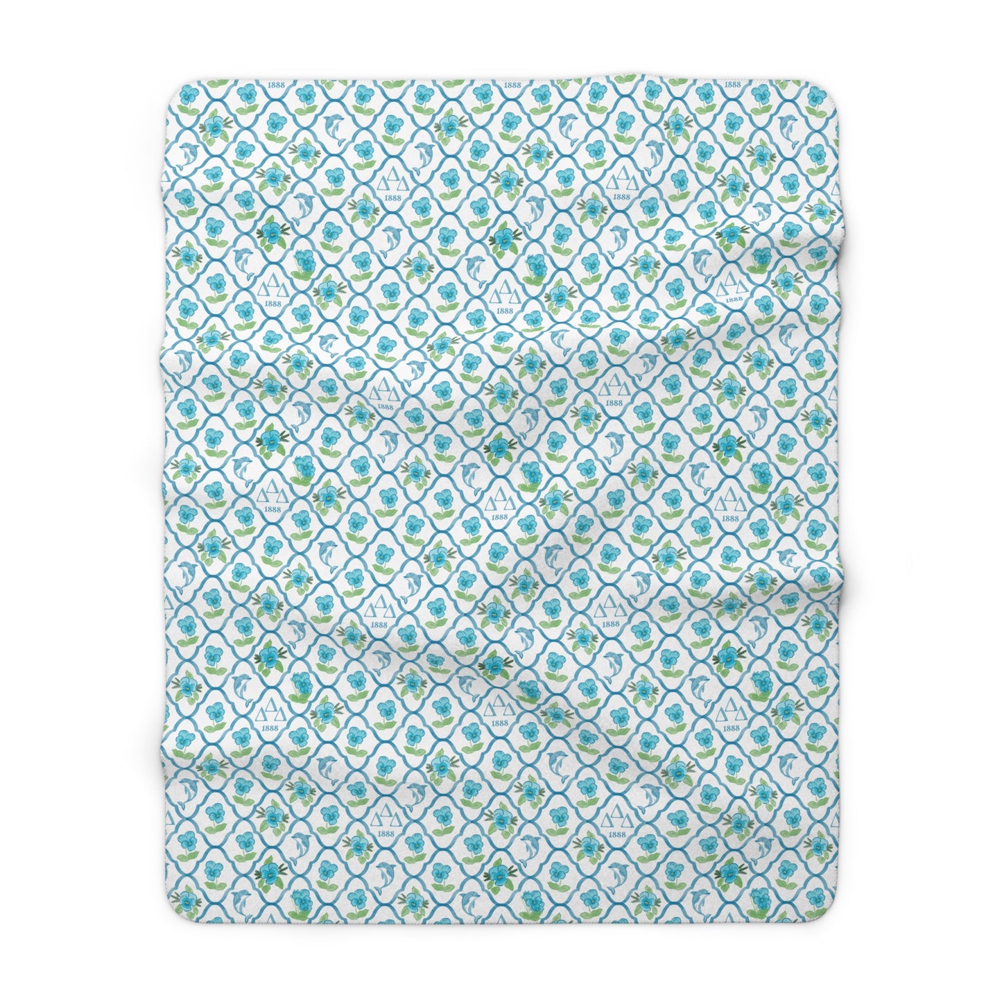 Tri Delt Lattice Fleece Blanket with Pansies and Dolphins